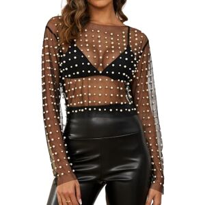 Naileksi Women Pearl Rhinestone Sheer Mesh Crop Top Sexy See Through Long Sleeve Slim Fit Cropped Blouse Shirt Clubwear, Pearl Black, S Naileksi Women Pearl Rhinestone Sheer Mesh Crop Top Sexy See Through Long Sleeve Slim Fit Cropped Blouse Shirt Clubwear, Pearl Black, S