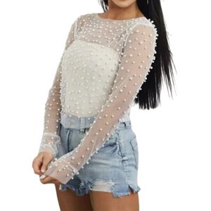 Naileksi Women Pearl Rhinestone Sheer Mesh Crop Top Sexy See Through Long Sleeve Slim Fit Cropped Blouse Shirt Clubwear, Pearl White, Medium Naileksi Women Pearl Rhinestone Sheer Mesh Crop Top Sexy See Through Long Sleeve Slim Fit Cropped Blouse Shirt Clubwear, Pearl White, Medium