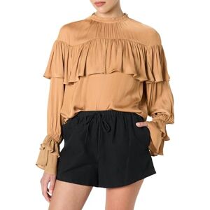 The Drop Miriam Feminine Ruffle Yoke Shine Blouse, Camel, M The Drop Miriam Feminine Ruffle Yoke Shine Blouse, Camel, M