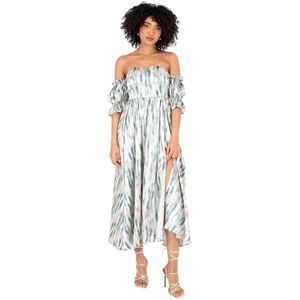 Lovedrobe Women's Midaxi Bardot Off-The-Shoulder Neckline Short Ruffle Sleeve A-line Split Leg Abstract Print Dress, blue, 18 Lovedrobe Women's Midaxi Bardot Off-The-Shoulder Neckline Short Ruffle Sleeve A-line Split Leg Abstract Print Dress, blue, 18