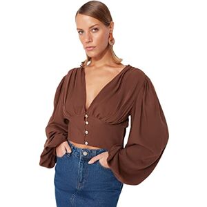 Trendyol Women Fitted Basic V Neck Woven Blouse,Brown,40 Trendyol Women Fitted Basic V Neck Woven Blouse,Brown,40