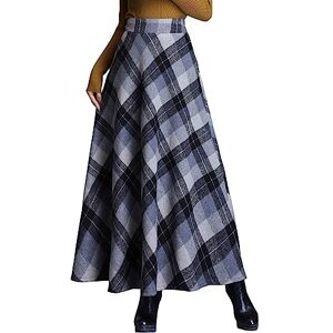 ebossy Women's Vintage High Waist Wool Blend Plaid A-Line Long Maxi Skirt with Pocket Grey Large ebossy Women's Vintage High Waist Wool Blend Plaid A-Line Long Maxi Skirt with Pocket Grey Large
