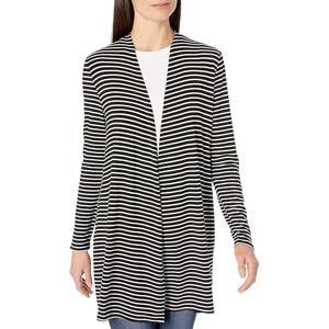 Amazon Essentials Women's Relaxed Fit Long-Line Soft Stretch Jersey Knit Open-Front Cardigan, Black White Horizontal Stripes, XS Amazon Essentials Women's Relaxed Fit Long-Line Soft Stretch Jersey Knit Open-Front Cardigan, Black White Horizontal Stripes, XS
