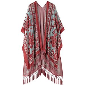 MJ SERECA Women's Burnout Velvet Kimono Long Cardigan Cover Up with Tassel Rusty MJ SERECA Women's Burnout Velvet Kimono Long Cardigan Cover Up with Tassel Rusty