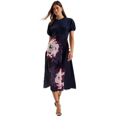 Ted Baker Womens WMD-mitzic-Ponte Bodice Printed Satin Skirt Midi Casual Dress, Navy, 4 Ted Baker Womens WMD-mitzic-Ponte Bodice Printed Satin Skirt Midi Casual Dress, Navy, 4