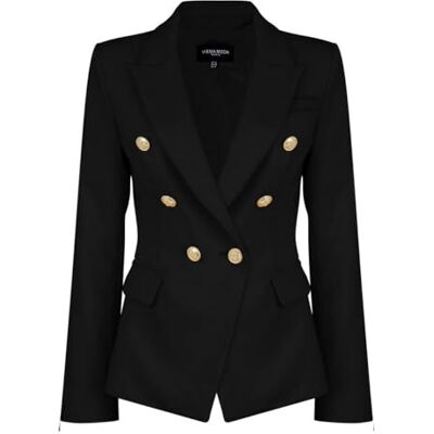 VIEMA MODA Womens Double Breasted Military Style Blazer Ladies Coat Jacket, Black, 12 VIEMA MODA Womens Double Breasted Military Style Blazer Ladies Coat Jacket, Black, 12