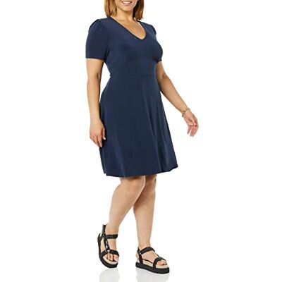 Amazon Essentials Women's Short-Sleeve V-Neck Fit and Flare Floral Jersey Dress, Navy, S Amazon Essentials Women's Short-Sleeve V-Neck Fit and Flare Floral Jersey Dress, Navy, S