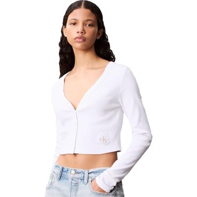 Calvin Klein Women’s Woven Label Ribbed Cardigan with Button Placket Calvin Klein Women’s Woven Label Ribbed Cardigan with Button Placket