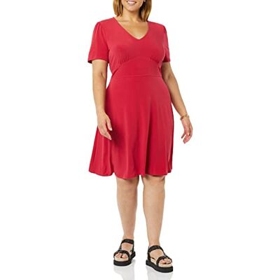 Amazon Essentials Women's Short-Sleeve V-Neck Fit and Flare Floral Jersey Dress, Raspberry Red, XL Amazon Essentials Women's Short-Sleeve V-Neck Fit and Flare Floral Jersey Dress, Raspberry Red, XL