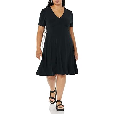 Amazon Essentials Women's Short-Sleeve V-Neck Fit and Flare Floral Jersey Dress, Black, M Amazon Essentials Women's Short-Sleeve V-Neck Fit and Flare Floral Jersey Dress, Black, M