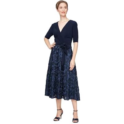 Alex Evenings Women's Tea Length Jersey and Rosette Lace Dress (Petite and Regular) Special Occasion, Navy Tie Front, 14 Alex Evenings Women's Tea Length Jersey and Rosette Lace Dress (Petite and Regular) Special Occasion, Navy Tie Front, 14