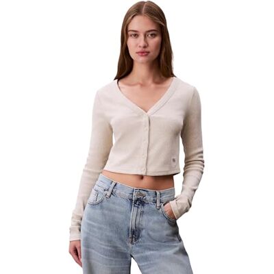 Calvin Klein Women’s Woven Label Ribbed Cardigan with Button Placket Calvin Klein Women’s Woven Label Ribbed Cardigan with Button Placket