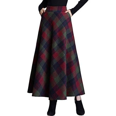 ebossy Women's Vintage High Waist Wool Blend Plaid A-Line Long Maxi Skirt with Pocket ebossy Women's Vintage High Waist Wool Blend Plaid A-Line Long Maxi Skirt with Pocket
