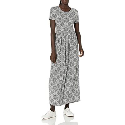 Amazon Essentials Women's Fit and Flare Short Sleeve Waisted Maxi Dress (Available in Plus Size), Grey Heather Tile Pattern, L Amazon Essentials Women's Fit and Flare Short Sleeve Waisted Maxi Dress (Available in Plus Size), Grey Heather Tile Pattern, L
