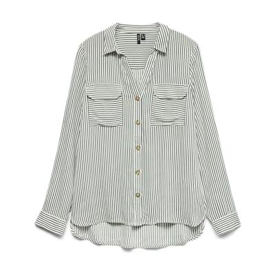 VERO MODA Women's Casual Blouse Shirt with Chest Pockets Regular Stretch 3/4 Sleeve Top, Laurel Wreath/Stripes: Snow White, S VERO MODA Women's Casual Blouse Shirt with Chest Pockets Regular Stretch 3/4 Sleeve Top, Laurel Wreath/Stripes: Snow White, S
