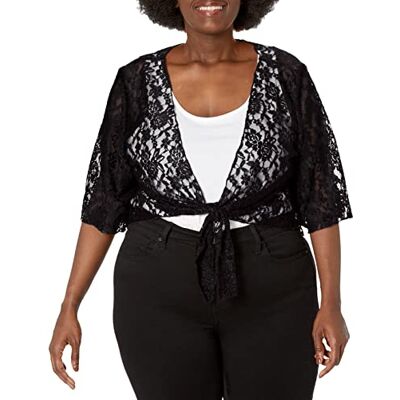 Star Vixen Women's Plus-Size 3/4 Sleeve Lace Tie Front Shrug Sweater, Black, 1X Star Vixen Women's Plus-Size 3/4 Sleeve Lace Tie Front Shrug Sweater, Black, 1X