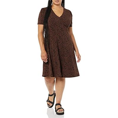 Amazon Essentials Women's Short-Sleeve V-Neck Fit and Flare Floral Jersey Dress, Brown, XL Amazon Essentials Women's Short-Sleeve V-Neck Fit and Flare Floral Jersey Dress, Brown, XL