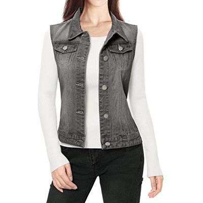 Allegra K Women's Buttoned Washed Denim Gilet W Chest Flap Pockets Vest Jacket Allegra K Women's Buttoned Washed Denim Gilet W Chest Flap Pockets Vest Jacket