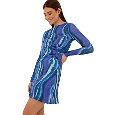 NA-KD Rouched Detail Long Sleeve Mini Dress, Swirl Blue Print, X-Large NA-KD Rouched Detail Long Sleeve Mini Dress, Swirl Blue Print, X-Large
