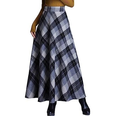 ebossy Women's Vintage High Waist Wool Blend Plaid A-Line Long Maxi Skirt with Pocket Grey Medium ebossy Women's Vintage High Waist Wool Blend Plaid A-Line Long Maxi Skirt with Pocket Grey Medium