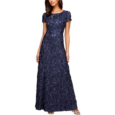 Alex Evenings Langes Brautmutterkleid mit Rosette und kurzen Ärmeln für Damen, für Hochzeitsgäste (Petite- und Normalgrößen) Alex Evenings Langes Brautmutterkleid mit Rosette und kurzen Ärmeln für Damen, für Hochzeitsgäste (Petite- und Normalgrößen)