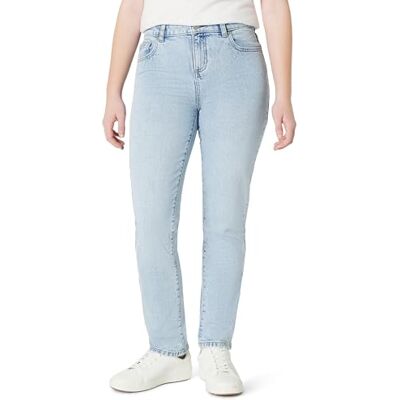 Amazon Essentials Girls' Medium Stretch Mid-Rise Straight-Fit Jeans, Iced Blue Light Wash, 10 Years Amazon Essentials Girls' Medium Stretch Mid-Rise Straight-Fit Jeans, Iced Blue Light Wash, 10 Years