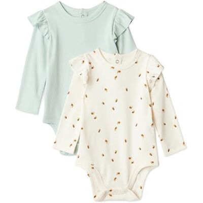 Amazon Essentials Baby Girls' Long Sleeve Ruffled Bodysuit, Pack of 2, Pale Mint Green/Bees, Premature Amazon Essentials Baby Girls' Long Sleeve Ruffled Bodysuit, Pack of 2, Pale Mint Green/Bees, Premature