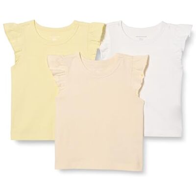 Amazon Essentials Girls' Sleeveless Ruffle T-Shirt, Pack of 3, Beige/Pale Yellow/White, 8 Years Amazon Essentials Girls' Sleeveless Ruffle T-Shirt, Pack of 3, Beige/Pale Yellow/White, 8 Years
