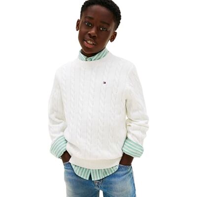 Tommy Hilfiger Boys' Jumper Cotton Cable Knit with Round Neckline, White (Ivory Silk), 16 Years Tommy Hilfiger Boys' Jumper Cotton Cable Knit with Round Neckline, White (Ivory Silk), 16 Years