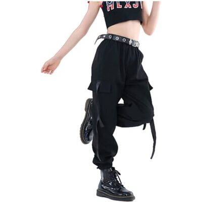 Rolanko Kids Cargo Pants Trousers Jogger with Pockets for Girls Street Hip Hop Stylish Dance Costume (Black, 10-11 Years) Rolanko Kids Cargo Pants Trousers Jogger with Pockets for Girls Street Hip Hop Stylish Dance Costume (Black, 10-11 Years)