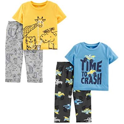 Simple Joys by Carter's Toddler Boys' 4-Piece Pajama Set (Short-Sleeve Poly Top & Fleece Bottom), Forest Animals/Monster Trucks/Text Print, 3 Years Simple Joys by Carter's Toddler Boys' 4-Piece Pajama Set (Short-Sleeve Poly Top & Fleece Bottom), Forest Animals/Monster Trucks/Text Print, 3 Years
