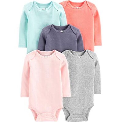 Simple Joys by Carter's Baby Girls' Long-Sleeve Bodysuit, Pack of 5, Grey/Mint Green/Navy/Peach/Pink, Premature Simple Joys by Carter's Baby Girls' Long-Sleeve Bodysuit, Pack of 5, Grey/Mint Green/Navy/Peach/Pink, Premature