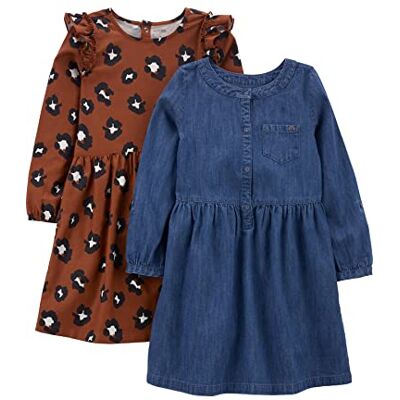 Simple Joys by Carter's Girls' Long-Sleeve Dress Set, Pack of 2, Chambray/Cheetah Simple Joys by Carter's Girls' Long-Sleeve Dress Set, Pack of 2, Chambray/Cheetah