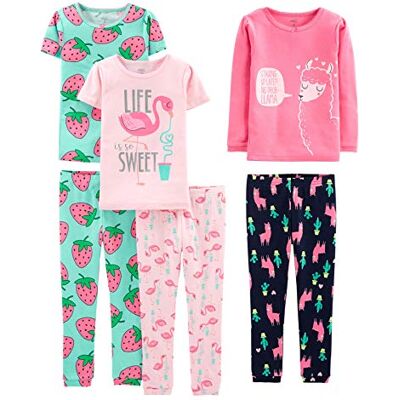 Simple Joys by Carter's Girls' 6-Piece Snug-Fit Cotton Pyjama Set, Pack of 3, Green Strawberries/Navy/Pink Flamingo/Rose Llama Print, 6 Years Simple Joys by Carter's Girls' 6-Piece Snug-Fit Cotton Pyjama Set, Pack of 3, Green Strawberries/Navy/Pink Flamingo/Rose Llama Print, 6 Years