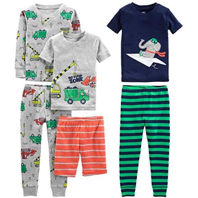 Simple Joys by Carter's Baby Boys' 6-Piece Snug-Fit Cotton Pyjama Set, Pack of 3, Green Stripes/Grey Trucks/Navy Elephant/Orange Stripes, 6-9 Months Simple Joys by Carter's Baby Boys' 6-Piece Snug-Fit Cotton Pyjama Set, Pack of 3, Green Stripes/Grey Trucks/Navy Elephant/Orange Stripes, 6-9 Months