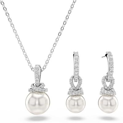Swarovski Originally Jewellery Set, Pendant Necklace & Hoop Earrings with Crystal Pearls and Clear Pavé Crystals in a Rhodium-Finished Setting, Part of the Originally Collection Swarovski Originally Jewellery Set, Pendant Necklace & Hoop Earrings with Crystal Pearls and Clear Pavé Crystals in a Rhodium-Finished Setting, Part of the Originally Collection