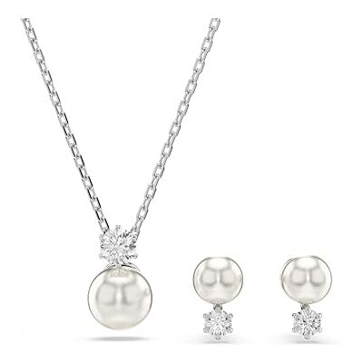 Swarovski Matrix Necklace and Earring Set, Crystal Pearls and Clear Round-Cut Stones in a Rhodium-Finished Setting, Part of the Matrix Collection Swarovski Matrix Necklace and Earring Set, Crystal Pearls and Clear Round-Cut Stones in a Rhodium-Finished Setting, Part of the Matrix Collection