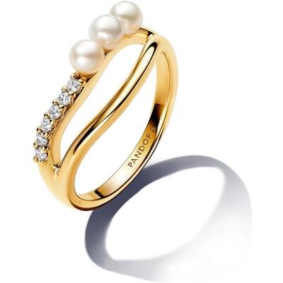 PANDORA Essence 14k Gold-plated ring with white treated freshwater cultured pearl and clear cubic zirconia, 52 PANDORA Essence 14k Gold-plated ring with white treated freshwater cultured pearl and clear cubic zirconia, 52