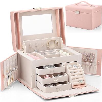 VLANDO Large Jewellery Box High Capacity Jewellery Organiser with 3 Drawers VLANDO Large Jewellery Box High Capacity Jewellery Organiser with 3 Drawers