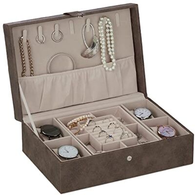 Relaxdays Jewellery Organiser with Lid, Leather Look, Velvet, Jewelry Box for Ladies & Gents, HWD: 10x29x20 cm, Brown, Fibreboard Relaxdays Jewellery Organiser with Lid, Leather Look, Velvet, Jewelry Box for Ladies & Gents, HWD: 10x29x20 cm, Brown, Fibreboard
