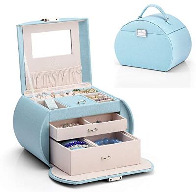 VLANDO Jewellery Box for Girls, Jewellery Storage Case with 2 Pull-out Drawer & Mirror for Ring Bracelet Necklace Earring and Hair Ornaments (Blue) VLANDO Jewellery Box for Girls, Jewellery Storage Case with 2 Pull-out Drawer & Mirror for Ring Bracelet Necklace Earring and Hair Ornaments (Blue)