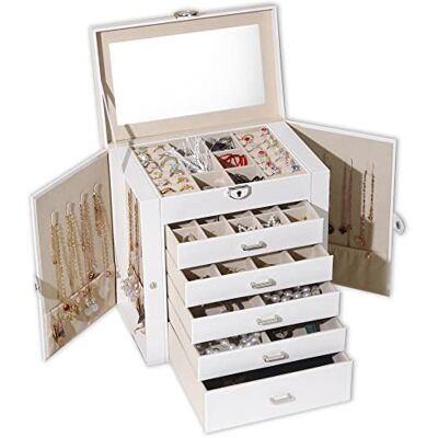 BOOVO Large Capacity Jewelry Storage Box PU Leather 6 Layer Pendant Necklace Bracelet Jewelry Box (White) BOOVO Large Capacity Jewelry Storage Box PU Leather 6 Layer Pendant Necklace Bracelet Jewelry Box (White)