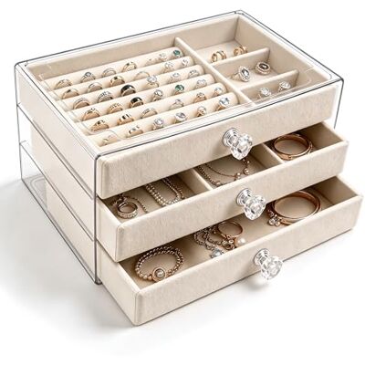 Vonsera Jewellery Box Velvet 3 Tier, Travel Jewellery Organiser Case with Soft Lining, Large Capacity Storage for Rings, Earrings, Necklaces and Bracelets, Beige, 23.5 x 13.5 x 10.5 cm Vonsera Jewellery Box Velvet 3 Tier, Travel Jewellery Organiser Case with Soft Lining, Large Capacity Storage for Rings, Earrings, Necklaces and Bracelets, Beige, 23.5 x 13.5 x 10.5 cm