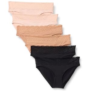 Amazon Essentials Women's Peached Microfibre with Lace Trim Bikini Knicker, Pack of 6, Black/Soft Petal/Washed Bronze, 8 Amazon Essentials Women's Peached Microfibre with Lace Trim Bikini Knicker, Pack of 6, Black/Soft Petal/Washed Bronze, 8