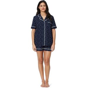 Amazon Essentials Women's Cotton Stretch Poplin Pajama Set, Short Sleeve Button-Down with Shorts, Navy Ivory Dot, Small Amazon Essentials Women's Cotton Stretch Poplin Pajama Set, Short Sleeve Button-Down with Shorts, Navy Ivory Dot, Small