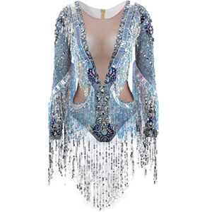YUANTONG Silver Glitter Rhinestone Drag Queen Bodysuit For Women Sexy Sequin Costumes Fringe Outfit, Silver, One Size YUANTONG Silver Glitter Rhinestone Drag Queen Bodysuit For Women Sexy Sequin Costumes Fringe Outfit, Silver, One Size