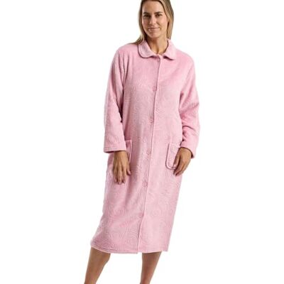 Marlon Women's Sabrina Button Through Embossed Fleece Dressing Gown Soft & Cosy Housecoat With Pockets, Rose Swirl, M Marlon Women's Sabrina Button Through Embossed Fleece Dressing Gown Soft & Cosy Housecoat With Pockets, Rose Swirl, M