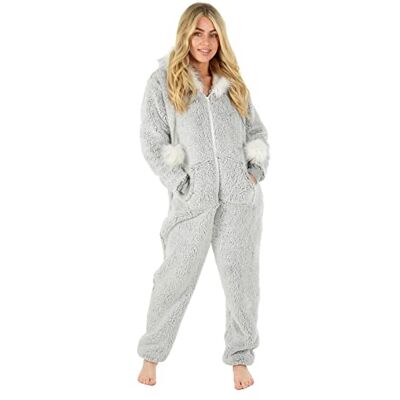 Autumn Faith Ladies All in One Pyjamas Faux Fur Hood Fleece Sleep Suit PJs Grey Sherpa M Autumn Faith Ladies All in One Pyjamas Faux Fur Hood Fleece Sleep Suit PJs Grey Sherpa M