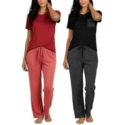 Real Essentials 4 Piece: Women’s Super-Soft Pajama Set V-Neck Short Sleeve Top with Pants Loungewear Multicoloured Medium Real Essentials 4 Piece: Women’s Super-Soft Pajama Set V-Neck Short Sleeve Top with Pants Loungewear Multicoloured Medium