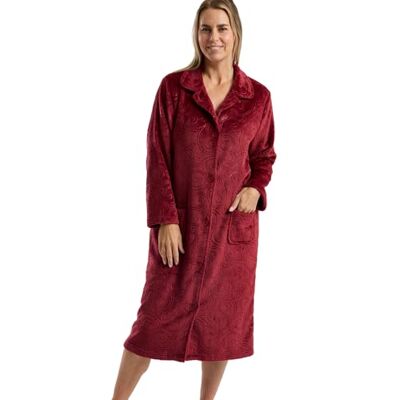 Marlon Women's Sabrina Button Through Embossed Fleece Dressing Gown Soft & Cosy Housecoat With Pockets, Claret Swirl, L Marlon Women's Sabrina Button Through Embossed Fleece Dressing Gown Soft & Cosy Housecoat With Pockets, Claret Swirl, L